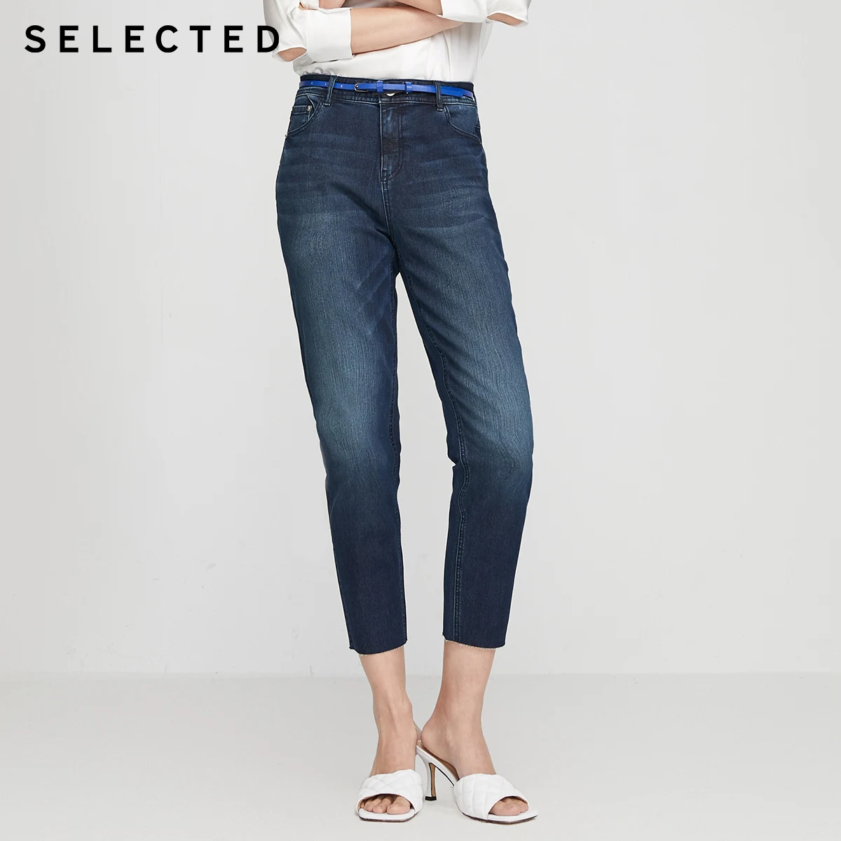 Женские хлопковые джинсовые брюки со средней посадкой зауженные укороченные