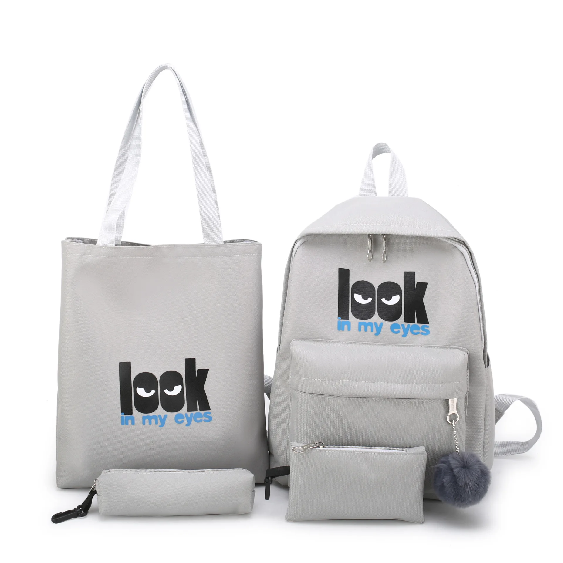 

Simple Lettered Backpack Nylon Casual Travel Four-piece Set College Style Junior High School Young STUDENT'S 4-9 Grade School Ba