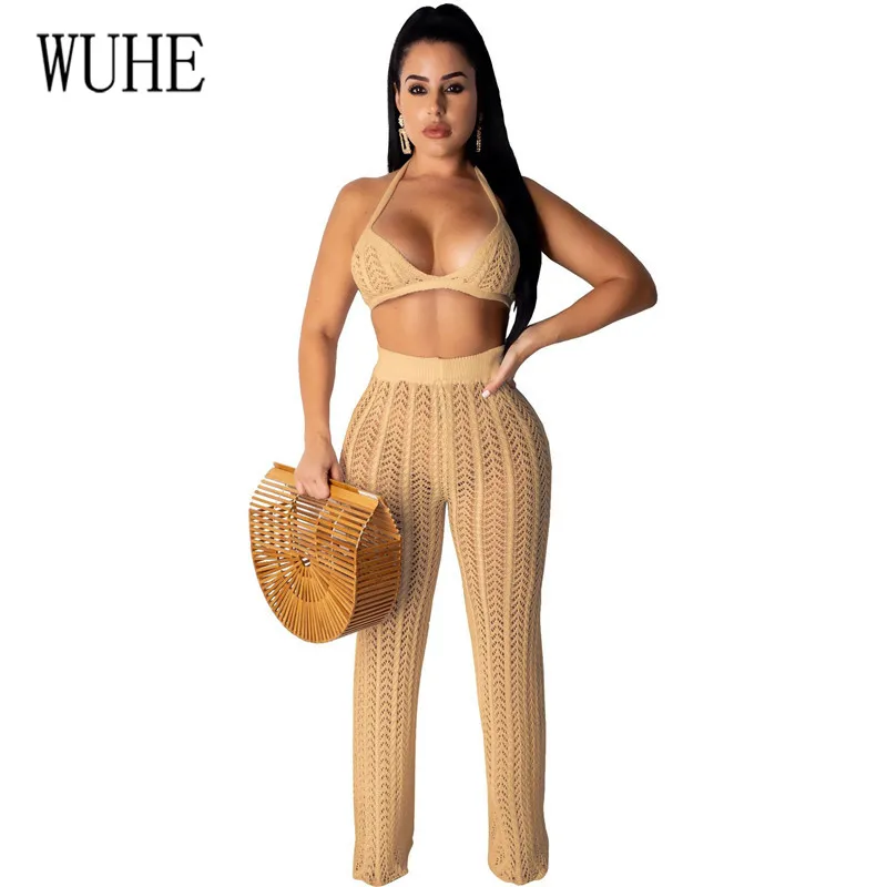 

WUHE Two Pieces Sets See Through Jumpsuits Sexy Hollow Out Knitted Grid Playsuits Women Summer Eleagant Sleeveless Bodysuits