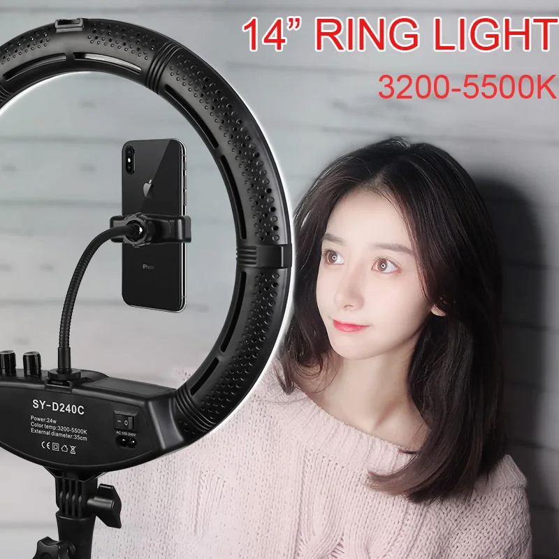 

Photo Studio 14" Ring Light 24W 3200-5500K Stepless adjusted Warm& Cold Lighting Lamp Photographic Light with 2 Phone Holder