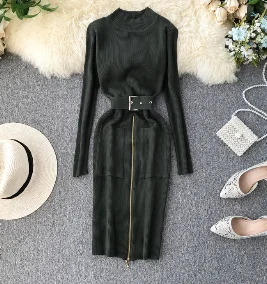 Зеленый Amolapha женское однотонное вязаное платье на молнии Vestidos с длинным рукавом и поясом элегантные женские вязаные платья - Цвет: Зеленый