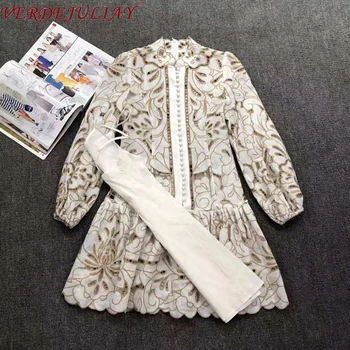 

VERDEJULIAY High-End Runway Design European Vintage Hollow Out Dress A-Line 2020 Milan Fashion Luxury Embroidery Mini Dress
