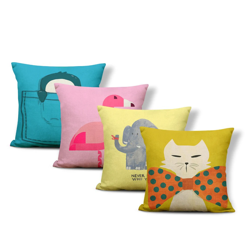 

Fun Abstract Pillowcase Cat Elephant Flamingo Swan Fox Cartoon Cushion Cover Home 43*43Cm Polyester Linen Decoration Cushion