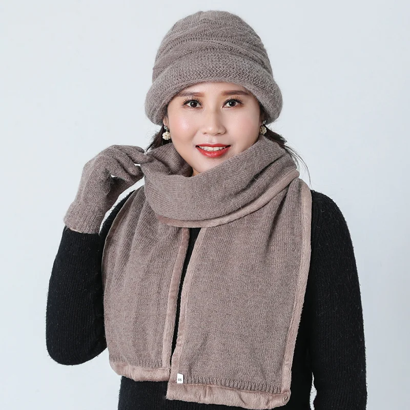 Middle-aged Lady Hat Autumn Warm Wool Mixed Warm Hat Woolen Cap Middle Age Mother Grandmother Knitted Hat scarf gloves Hat