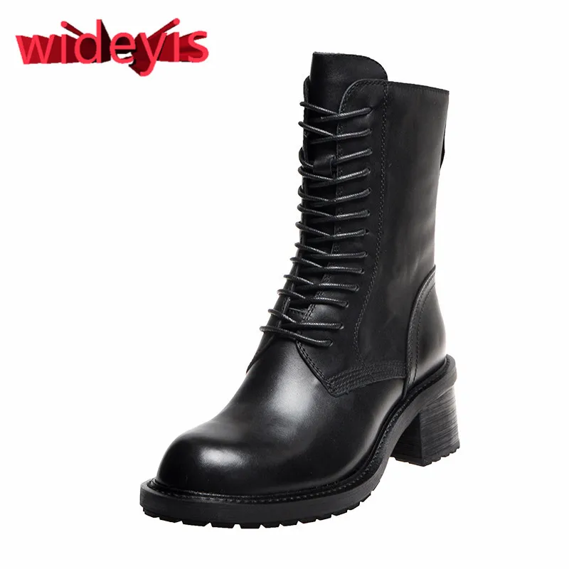 

Shoes woman WIDEYIS middle calf boots full top layer leather Martin boots smooth low heel convenient zipper fashion round head