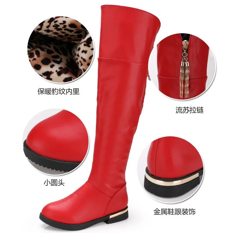 Теплые сапоги до колена для больших детей кожаные зимние девочек зимняя