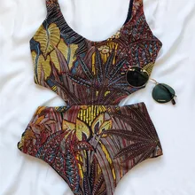 Melphieer РЕТРО ПРИНТ сдельный купальник женский купальник винтажный Монокини боди купальник без спинки с высоким вырезом Maillot De Bain