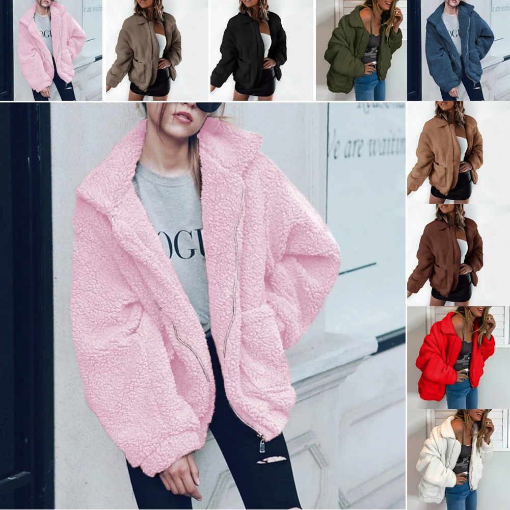 Зимние женские куртки, пальто, теплый джемпер, кардиганы для женщин, флисовое пальто из искусственного меха, верхняя одежда, одноцветные пальто на молнии, большие размеры 3XL Oc12