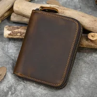 Retro Men's Short Wallet Vintage Cow  Leather Vertical Thin Male Zipper Square Credit Card Holder Small Money Purse Women wallet 2