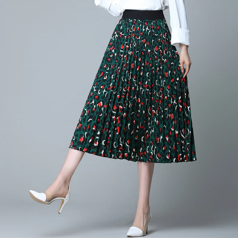 Autumn Women Skirt High Waist Print Slim Long Bitter Fleabane Pleated Silk Skirts Green Flower 9127