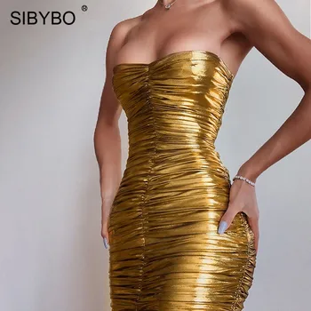 

SIBYBO Off Shoulder Pleated Sexy Bodycon Dress Strapless Sleeveless Sheath Summer Women Dress Backless Club Party Dress Short