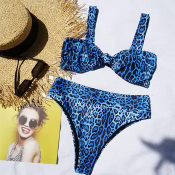 

Melphieer 2020 Lady's blue sexy leopard print bikini womens high waist bikinis set pads beachwear outfit swimsuit band swimwear
