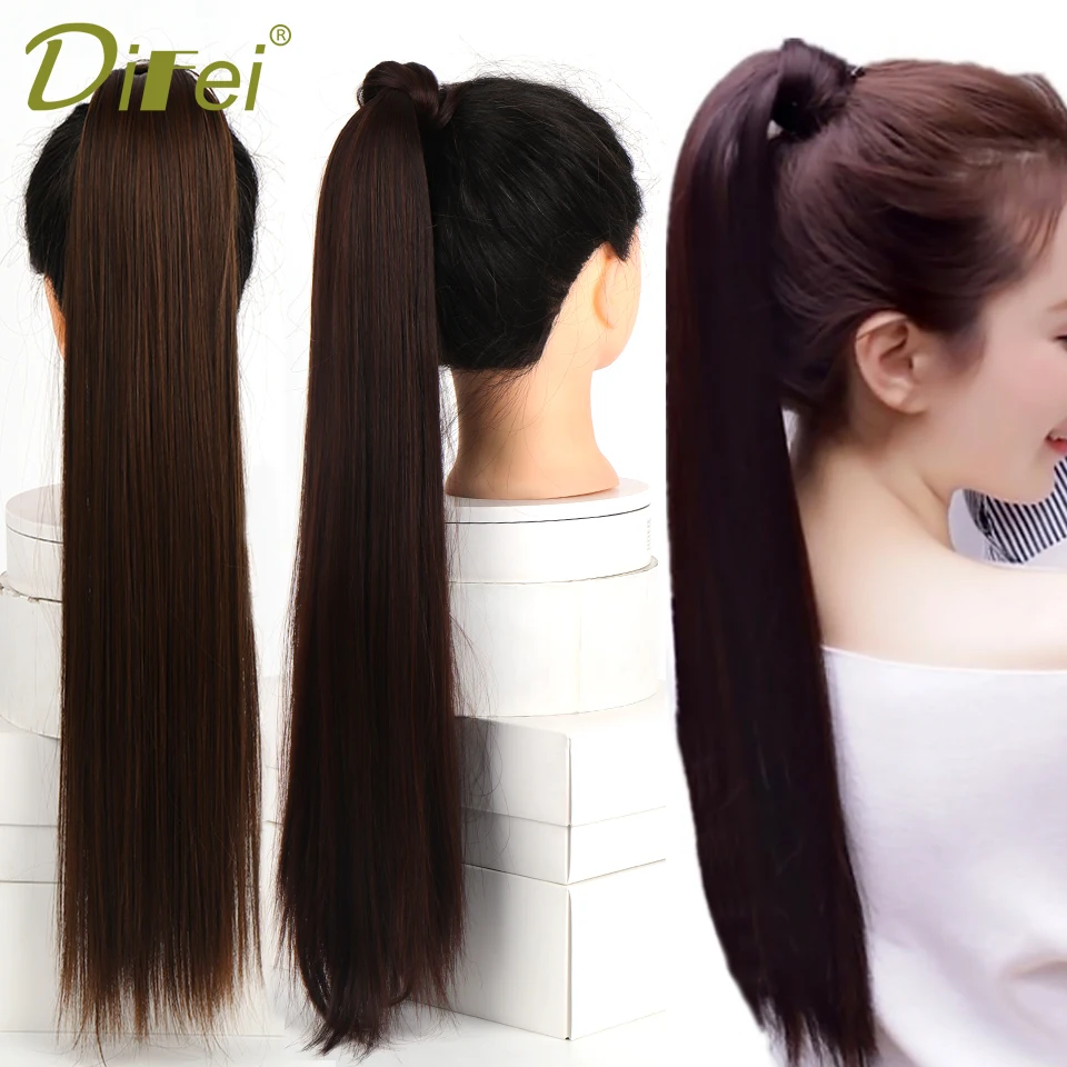 

DIFEI Women 24" Long Straight Ponytail Synthetic Hairpieces Wrap on Hairpieces Ponytails Fake Bun Clip In Hair Extension