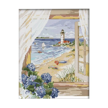 

Cross Stitch Stamped Kit Cross-Stitching Patterns for Beginner Kids & Adults- Embroidery Needlepoint Starter Kits,Sea View Outsi