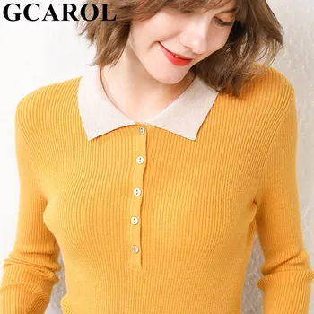 

GCAROL Winter Women 30% Wool Sweater Turn Down Collar Spliced Stretch Minimalist Jumper Chic Base Perfect Knit Pullover 2XL