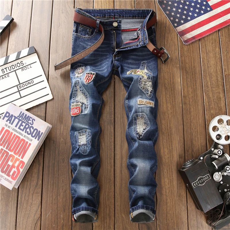 Male hole badge embroidery style denim trousers pants Fashion New Men's Casual Slim Patch Jeans Dropshipping