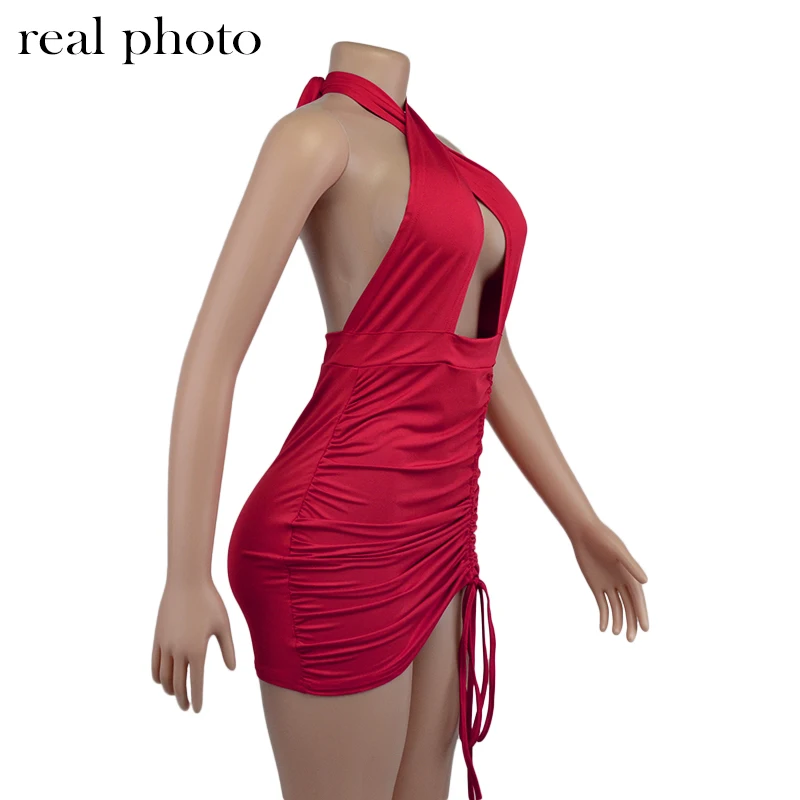 Simenual Drawstring Halter Neck Party Dresses Ruched Bandage Hot Sexy Club Night Birthday Outfit Women Skinny Mini Summer Dress