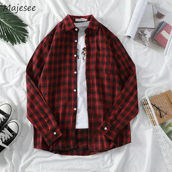 

Shirts Men Plaid Retro All-match Korean Style Ulzzang Leisure Harajuku Shirt Mens Loose Pockets Trendy Soft Students Clothing