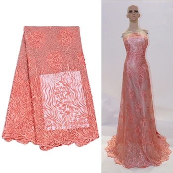 

Bestway New Lace Fabric Peach French Tulle Lace Fabric Nigerian Embroidery Rhinestones Pearls Net Soft Lace For Women's Wedding