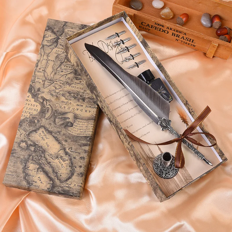 

1 Set English Calligraphy Feather Dip Pen Writing Stationery set Gift Box with 5 Nib Wedding Quill Pen Fountain Canetas Pluma