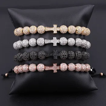 High Quality Luxury Cubic Zirconia Cross Charm Men Jewelry Handmade Braided Macrame Bracelet Gift