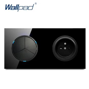 

Wallpad 3 Gang 2 Way EU 16A French Socket Crystal Tempered Pure Black Glass Panel Wall Power Socket Outlet Grounded