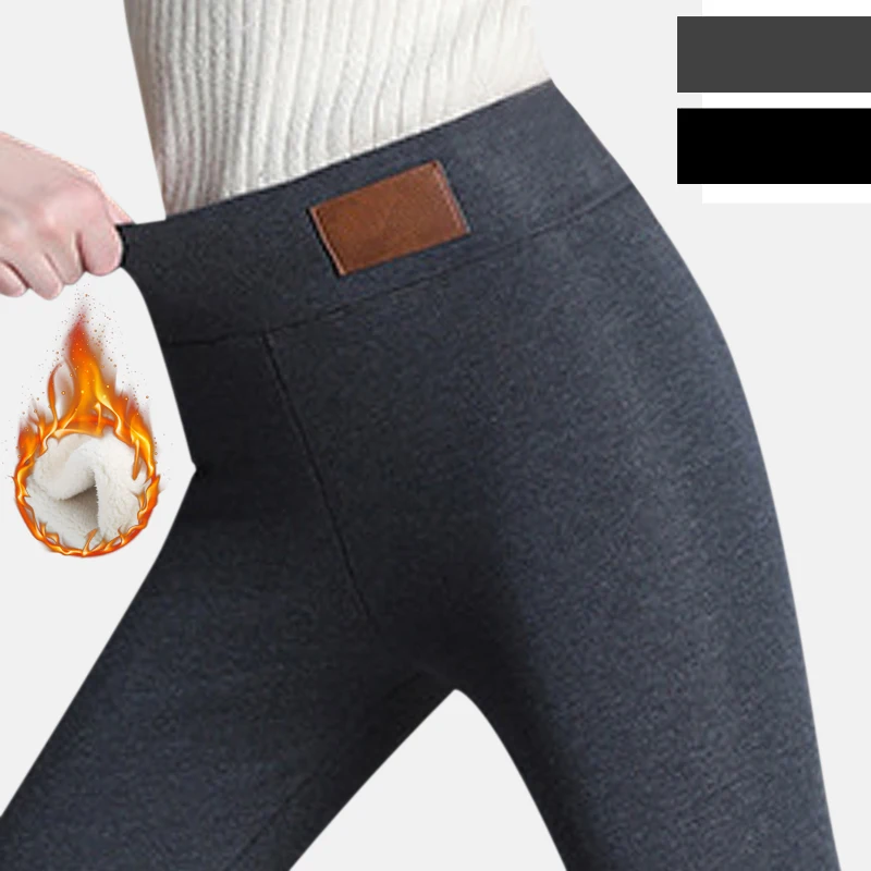 Baratos Pantalones negros calientes de invierno de terciopelo grueso Casual cómodos pantalones de lana de Cachemira de piel de cordero de las señoras