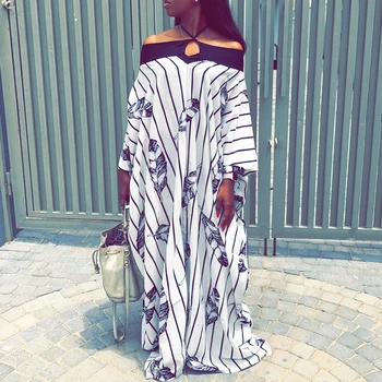 

2019 Fall Women Loose Long Dress Halter Off Shoulder Print Casual Batwing Full Sleeve Boho Maxi Party Elegant Dress Robe Femme