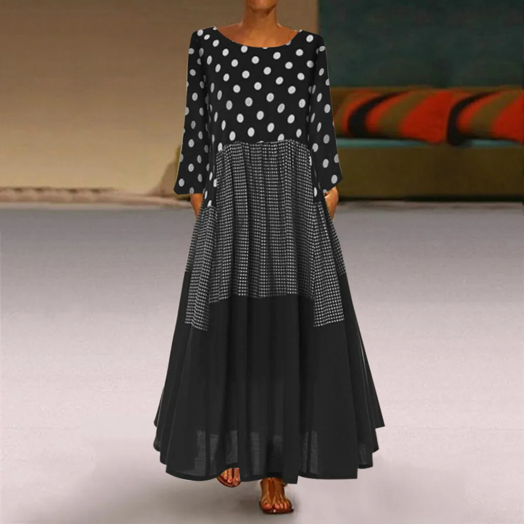 Women Dress Summer Plus Size Dress Women Vintage Bohe Wave Point Print Dress Long Sleeves O-Neck Maxi Dress Vestidos De Verano