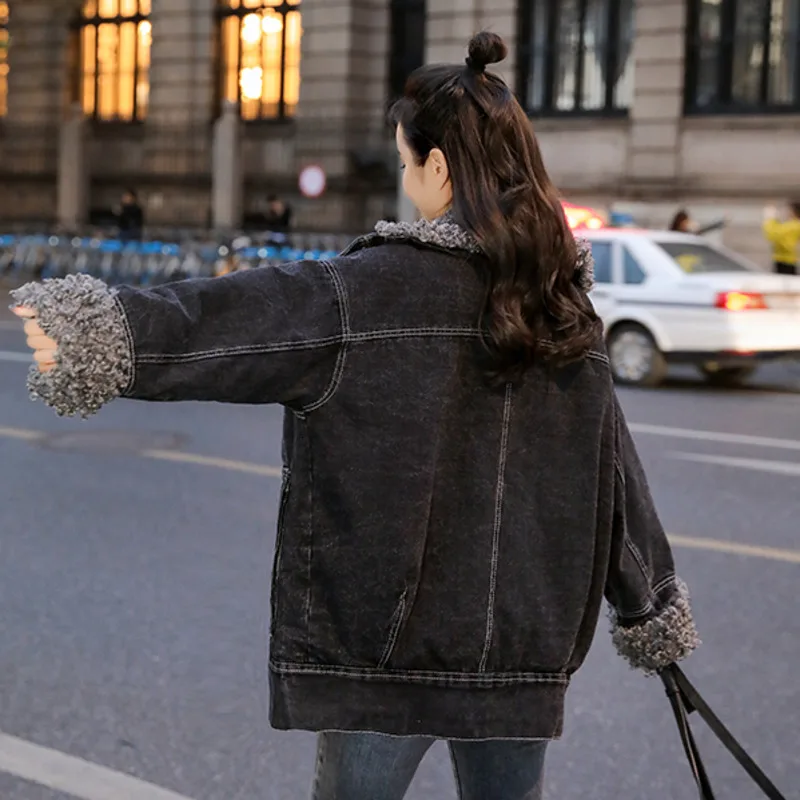 Black Denim Coat Female Faux Fur Collar 