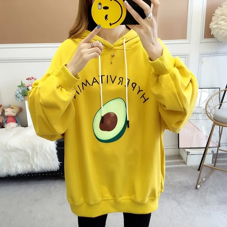  Harajuku Oversized Pullover Hoodies Loose Sweatshirt Kawaii Cartoon Avocado Printed Puff Sleeves Wo