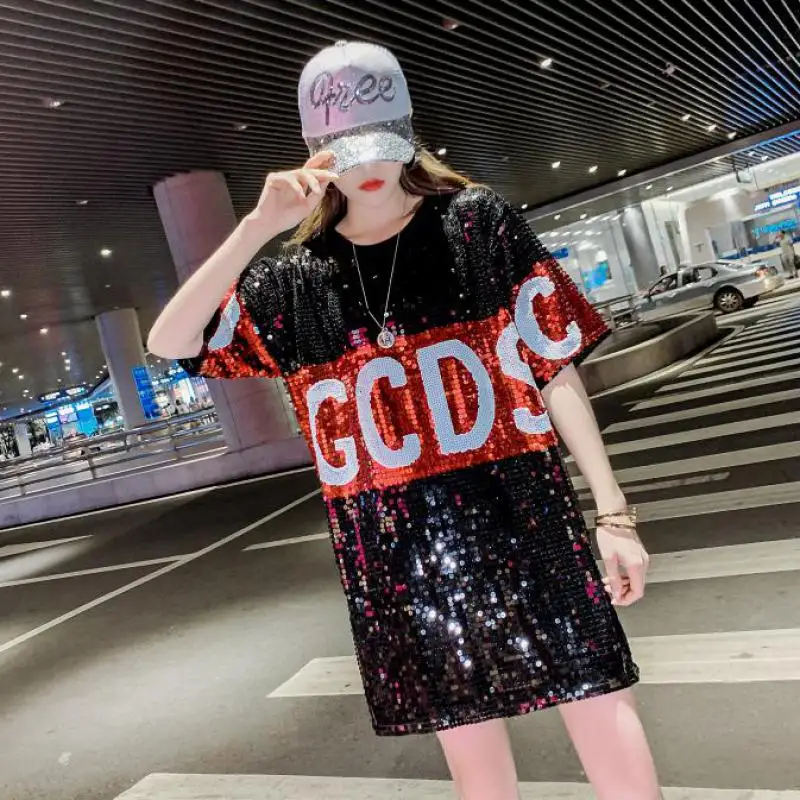 

Casual Straight Geometric Short Sequined Fashion Elegant Sexy High Steet Letter Round Neck One Size Summer Party Club Dress