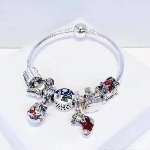 

100% 925 Sterling Silver Winter Christmas Bracelet Set Sleigh Socks Christmas Tree Glamour Set