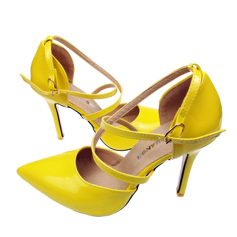 

New Elegant High Thin Heels Pointed Toe Ladies Dress Shoes Shallow Ankle Buckle Strap yellow Color Womens Pumps Plus Size
