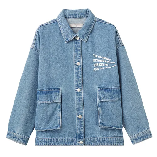 21Blue Женские куртки jordano из хлопка с отложным воротником, джинсовая куртка с карманами, с принтом букв, Casaco Feminino 96379678 - Цвет: 21Blue