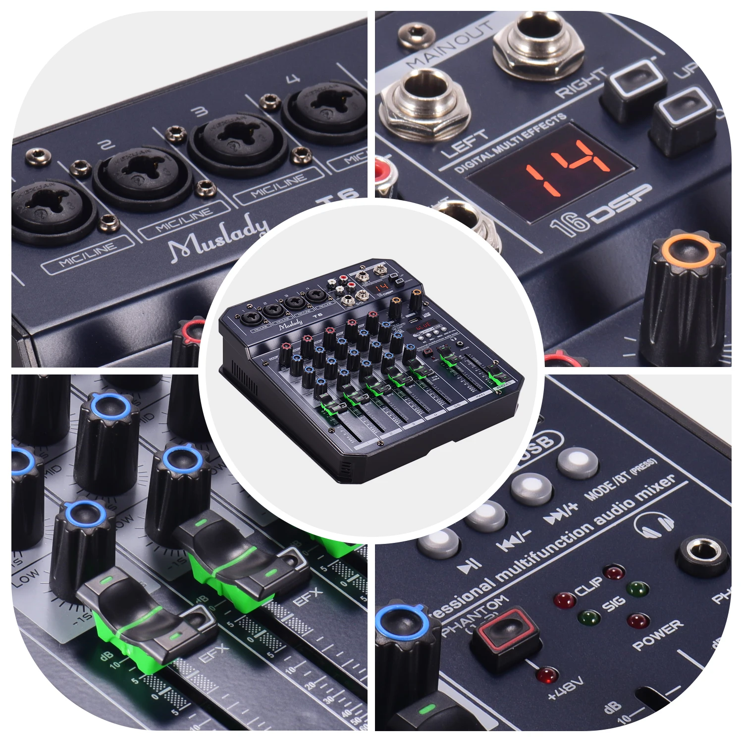 Muslady T6 Портативный 6 канальный звуковая карта микшерный пульт звукомикшер