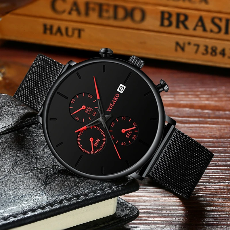 Кварцевые мужские часы с синим указателем, повседневные брендовые новые модные часы из нержавеющей стали с сетчатым ремешком, ультра тонкие подарочные деловые наручные часы