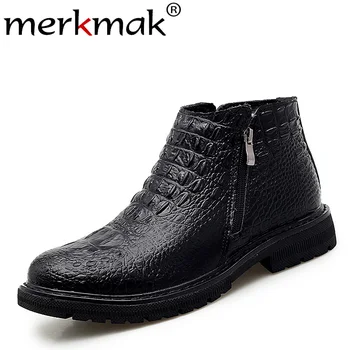 

Merkmak Genuine Leather Men Shoes Fashion Crocodile Pattern Men Ankle Booties New Winter Leather Booties Big Size High-top Shoes