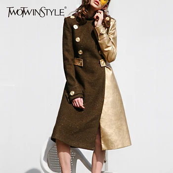 

TWOTWINSTYLE Patchwork Elegant Women's Coats Stand Collar Long Sleeve High Waist Hit Color Winter Coat Female 2020 Fashion New