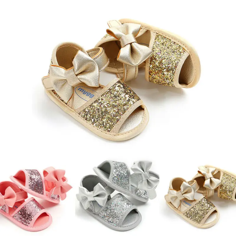 Baby Girl Sandals Big Bow Tie Decoration Baby Shoes Toddler Shining Sequin Non-Slip Sandals Kids Soft Crib Walkers Infant Shoes