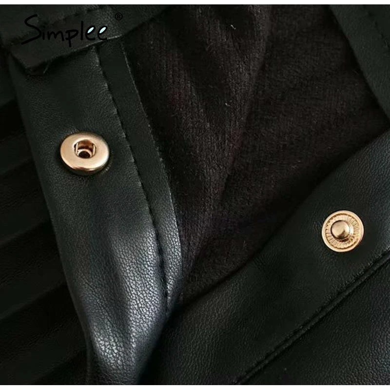 Simplee Fashion artificial leather womens Mini Skirt Striped button A-line short skirt High Street Black Leather Skirt autumn