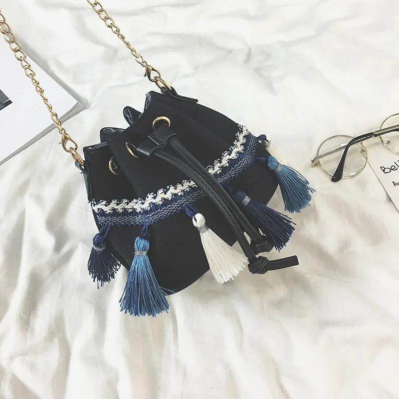 

Small Bag 2019 Summer WOMEN'S Bag New Style Chain Tassels Bucket Bag Fashion National Wind Mini Crossbody Bag