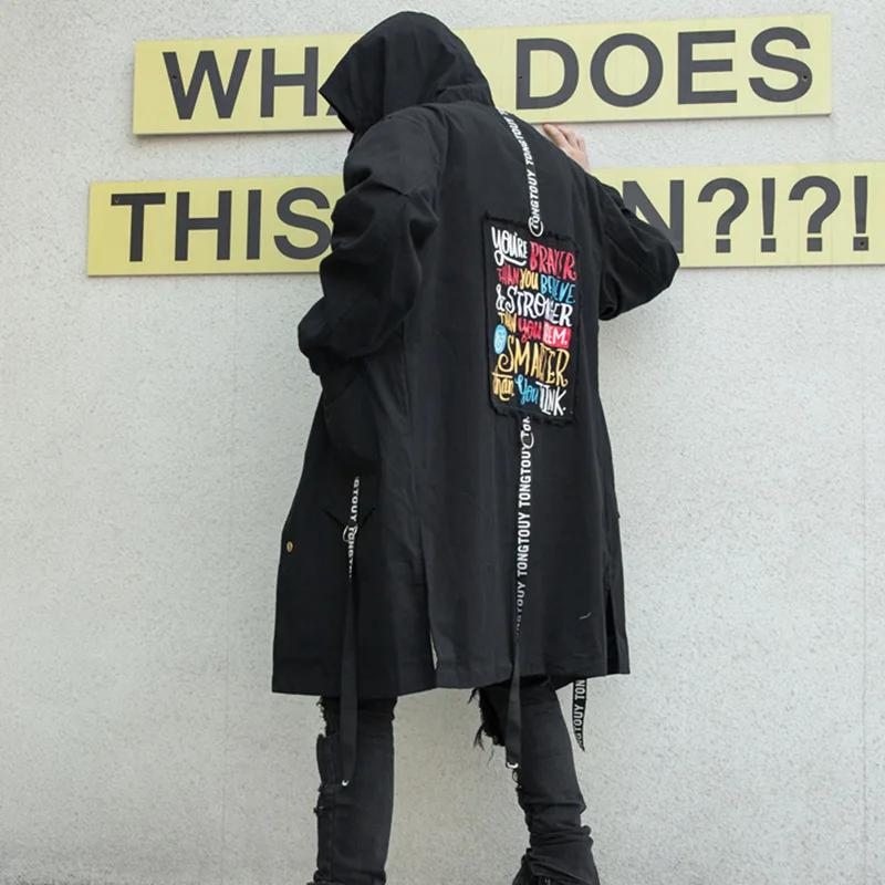 

Men Ribbon Hooded Long Jacket Trench Coat Male Streetwear Hip Hop Gothic Loose Casual Windbreaker Jacket Overcoat Outerwear