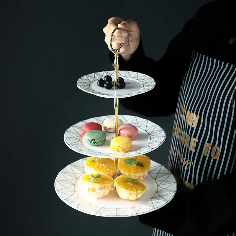 

Candy Dish Multilayer Plate Three Layer Fruit Plate Cake Shelf Wedding Birthday Dessert Table Ceramic Gold String Disk