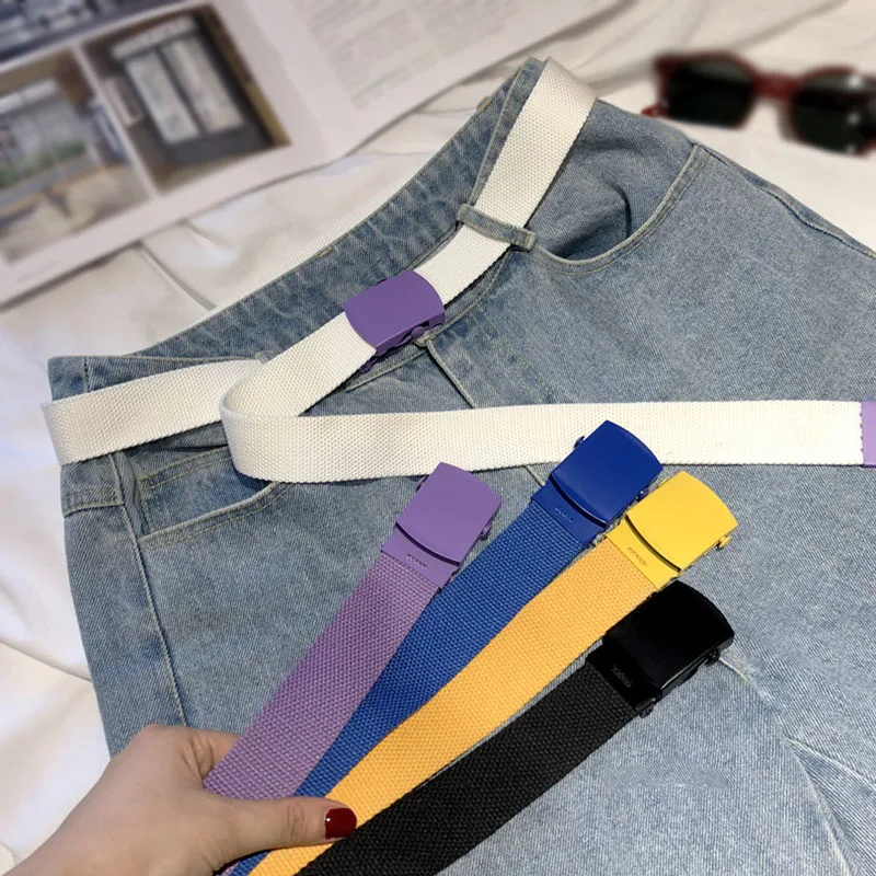 

New Fashion Canvas Women Belt Harajuku Solid Color Metal Smooth Buckle Waist Strap Casual Jeans Women Men Student Long Belts