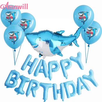 

Amawill Cartoon Shark Theme Happy Birthday Party Decorations Kit Banner Sea Animal Baby Shower Blue Latex Balloons Kids Supplies
