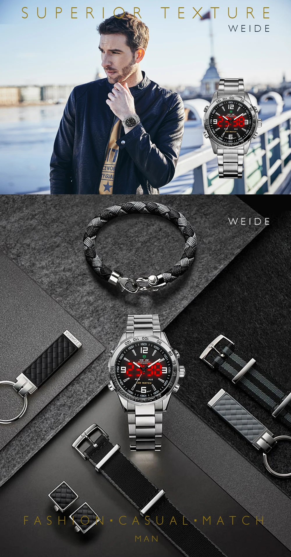 WEIDE мужские часы Relojes Para Hombre роскошные брендовые подарки для мужчин двойной дисплей наручные часы из нержавеющей стали ремешок часы WH1009