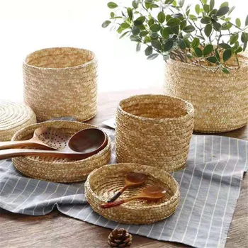 

TTLIFE 3 Pcs/Set Handmade Straw Woven Storage Basket With Lid Snack Organizer Storage Box Laundry Baskets Rattan Flower Storage