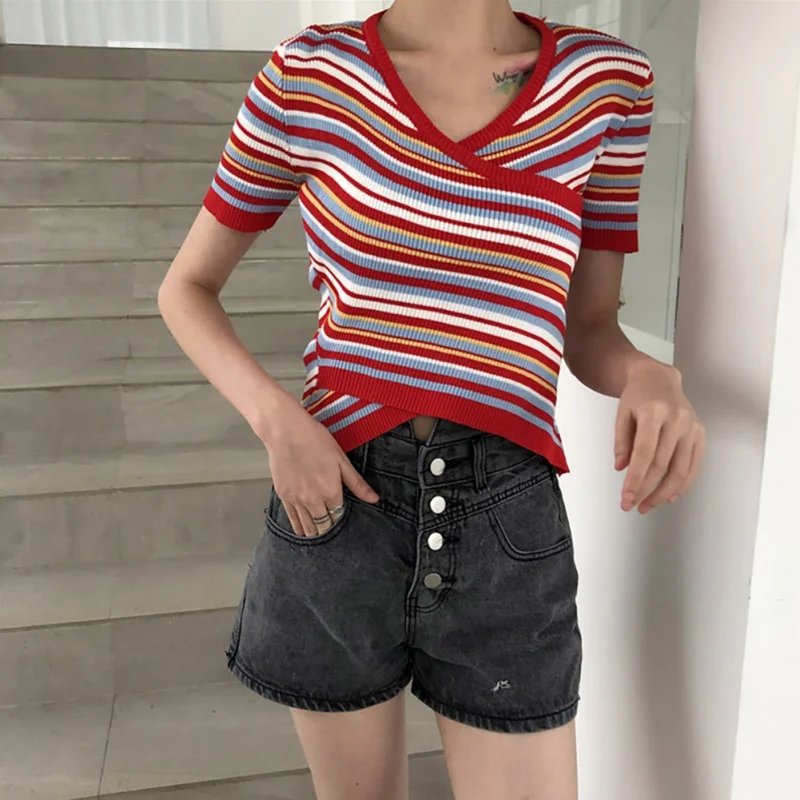 

Summer Striped Knitted Pullovers Slim Short Sleeve V Neck Shirt Tops Women Striped Sweater Rk #E #E