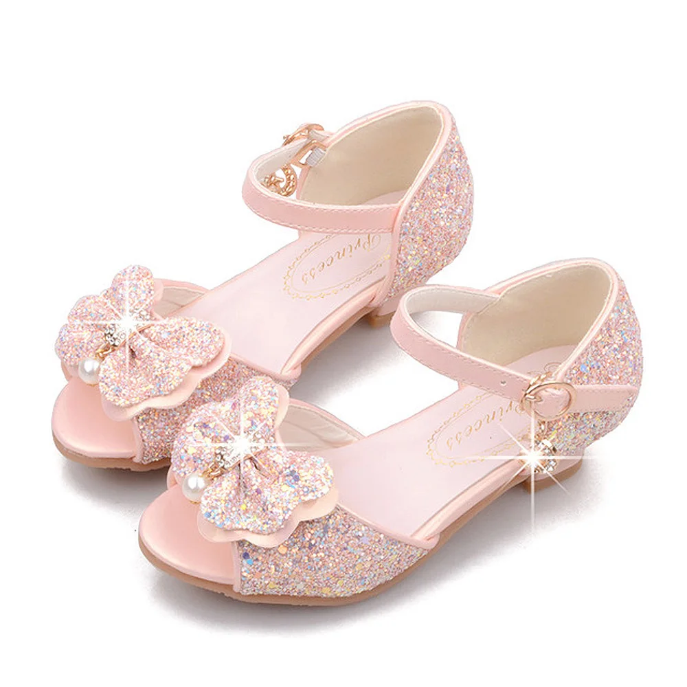 Детская блестящая обувь с бантиком для девочек; chaussures prinsessen schoenen; блестящие босоножки с бантиком; модельные туфли на высоком каблуке